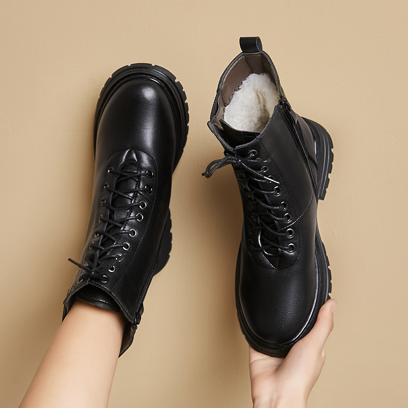 AIYUQI Wome Winter Boots Wool 2024 New Genuine Leather Lace-up Ladies Boots British Style Flat Warm Women Snow Boots