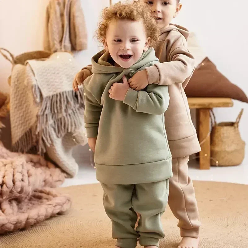 Children Fleece Winter Outfit Toddler Cotton Solid Hoodies Pullover Sweatshirt Pants Tracksuit Set Kids Boy Girl Warm Sweatsuits 250218