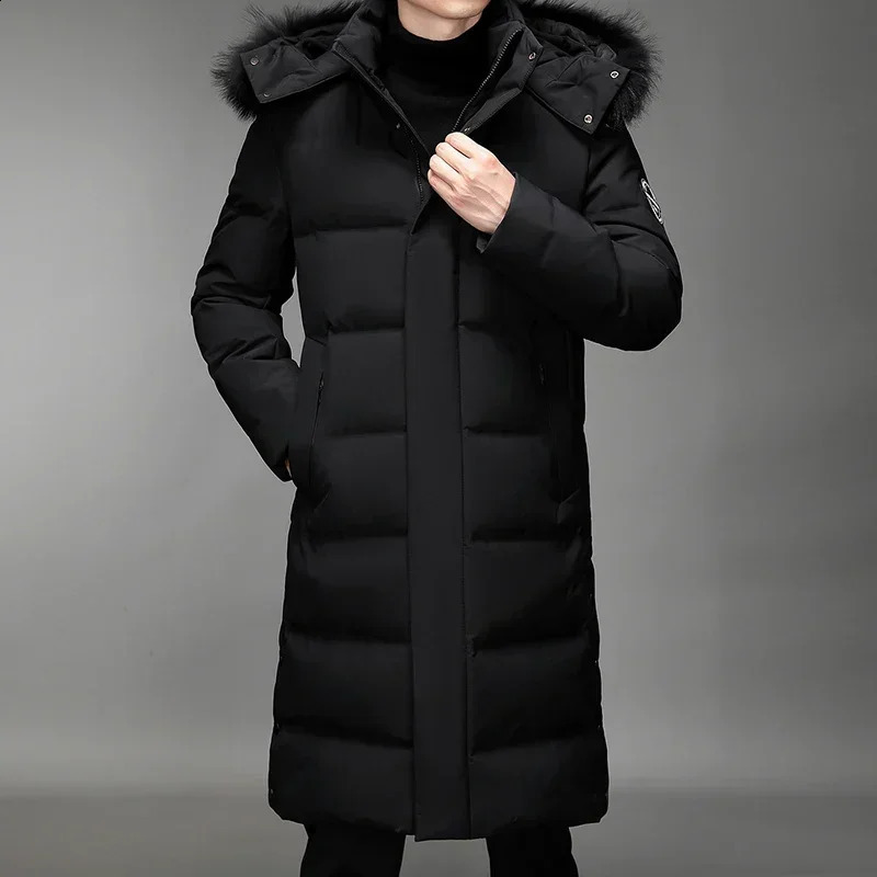 Long Down Jacket Mens Winter Korean Style Detachable Fur Collar Cap White Duck Down Warm Coat Lightweight Parka 240830