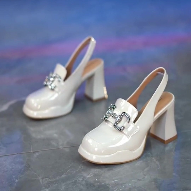 Women Chunky Platform High Heels Pumps Female Summer Patent Leather Shoes Woman Luxury Rhinestone Design Ankle Straps Party Shoe