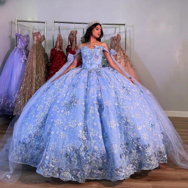 Quinceanera Sweet 16 Dresses With Cape Sequin Lace Applique 3D wer Beads Crystal Tull Off Shoulder Lace-up Vestidos De 15 Anos