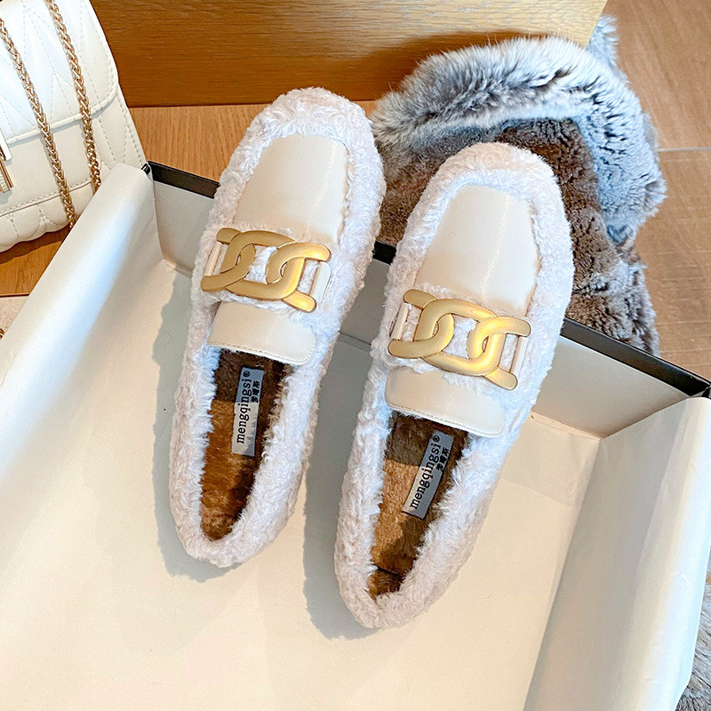 white woman snow fur designer metal chains lambwool moccasins flats platform cotton shoes for women plush loafers size 43