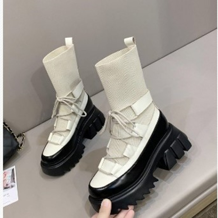Women's Korean round toe lace up knitted casual fashion short boots