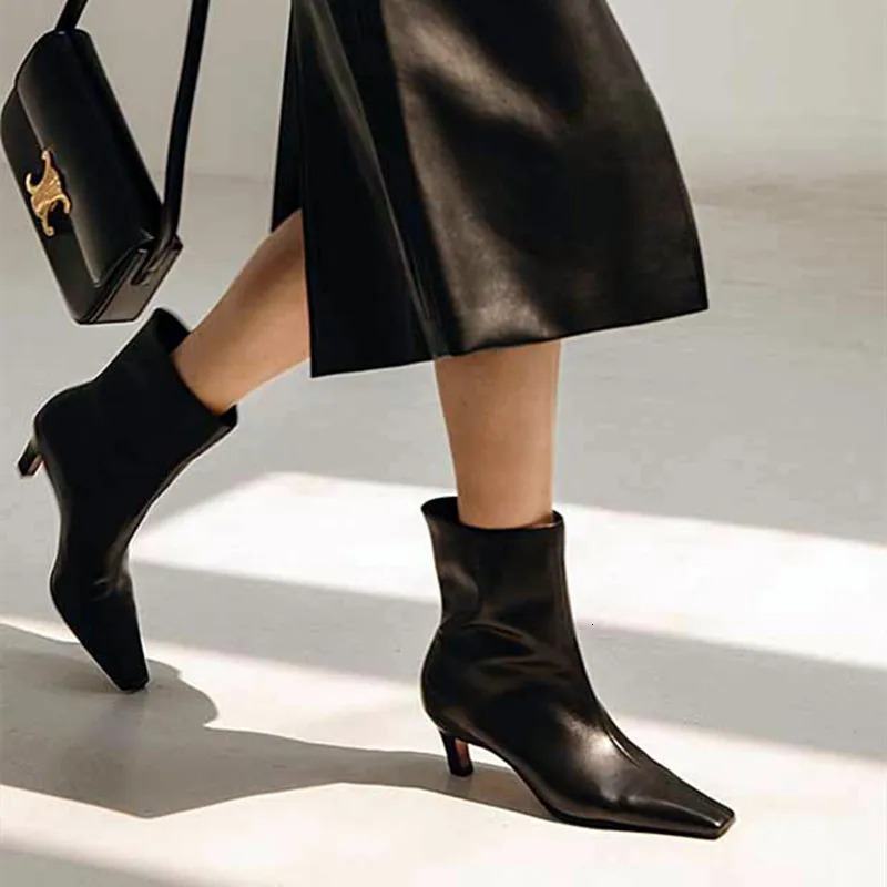 Thin Low Heel Ankle For Women Autumn 2025 Black Elegant Women's Boots Soft Leather Design Square Toe Botas Mujer