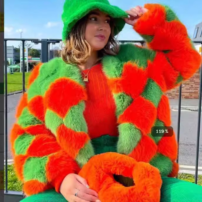 Autumn and Winter New Fur Coat Color Blocked Short Top Womens Warm Long Sleeved Plus Size Jacket