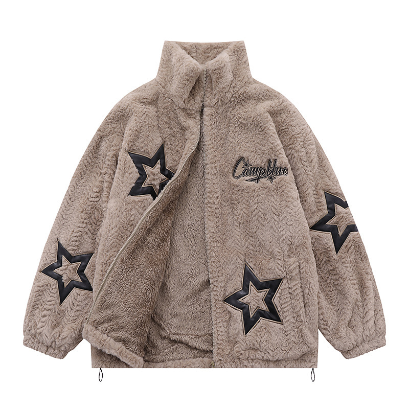 Embroidered Star Plush Thick Coat Trendy Style Harajuku Lazy Bf Style Loose Couple Cotton Jacket
