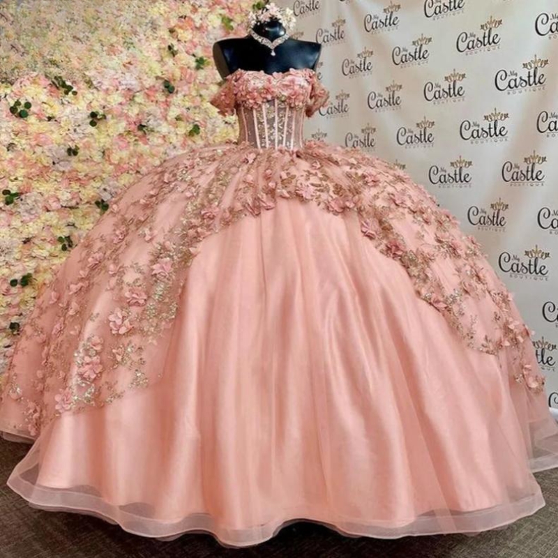 Sparkly Pink Off The Shoulder Corset Quinceanera Dresses Ball Gown 3D wers Sequin Gold Applique Lace Tull Sweet 15 Vestidos De XV Anos