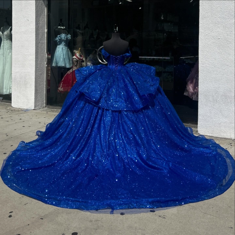 Royal Blue Mexican Quinceanera Dressess Off The Shoulder Sequin Beads Crystal Tull vestido 15 quinceaneras Corset Sweet 16 Dress