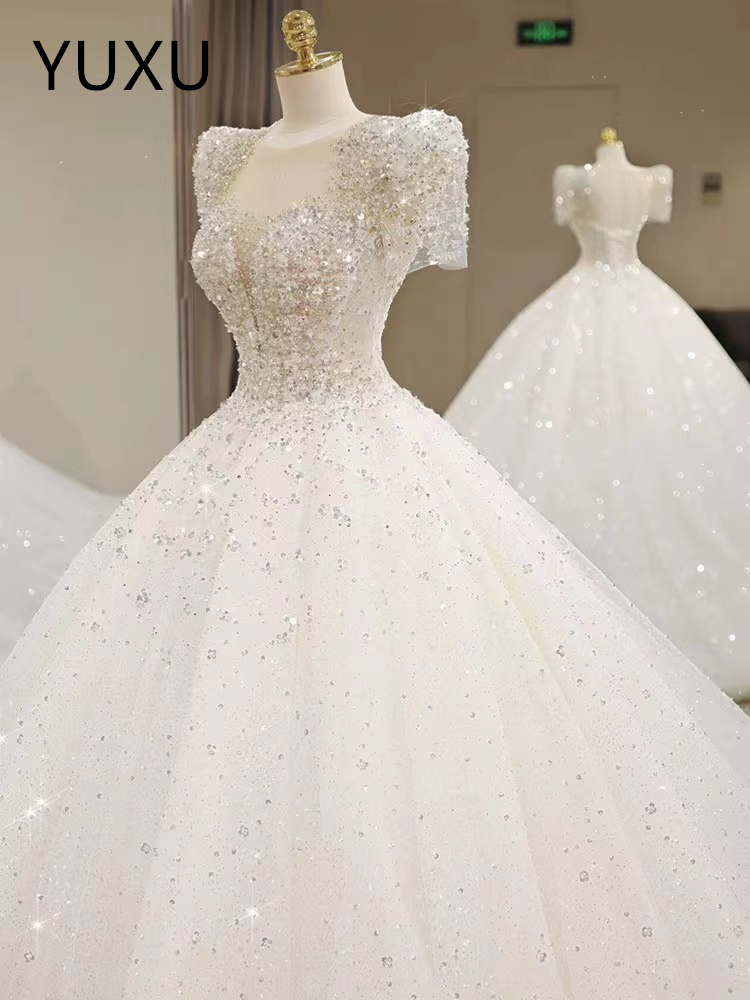Elegant luxury Wedding Dresses Short Sleeves Lace Up A Line Court Train Custom Made boho Wed Dress Sweetheart Princess Illusion Applique Bridal Gowns 