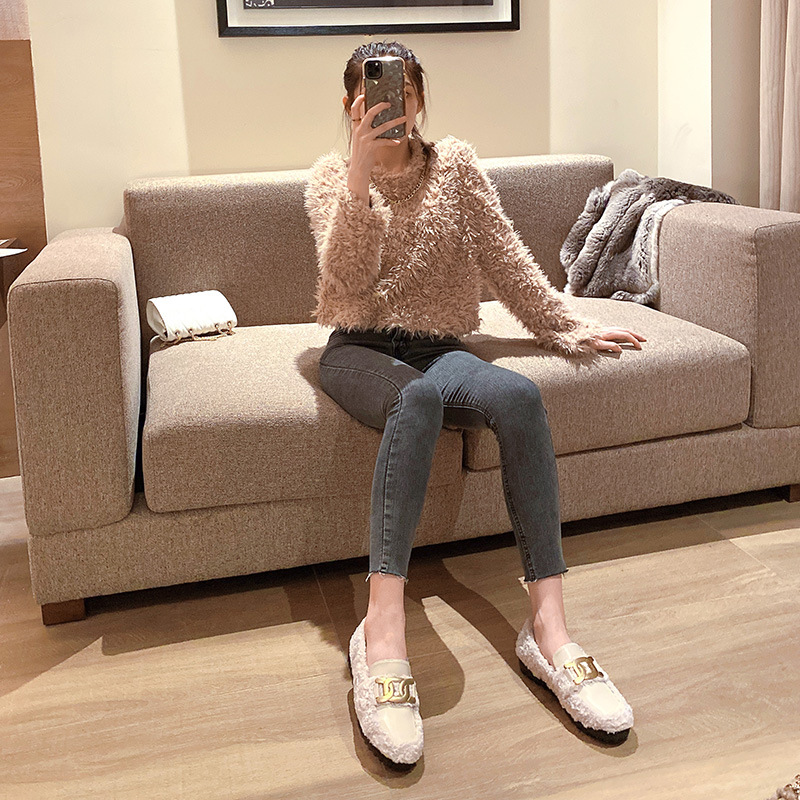 white woman snow fur designer metal chains lambwool moccasins flats platform cotton shoes for women plush loafers size 43