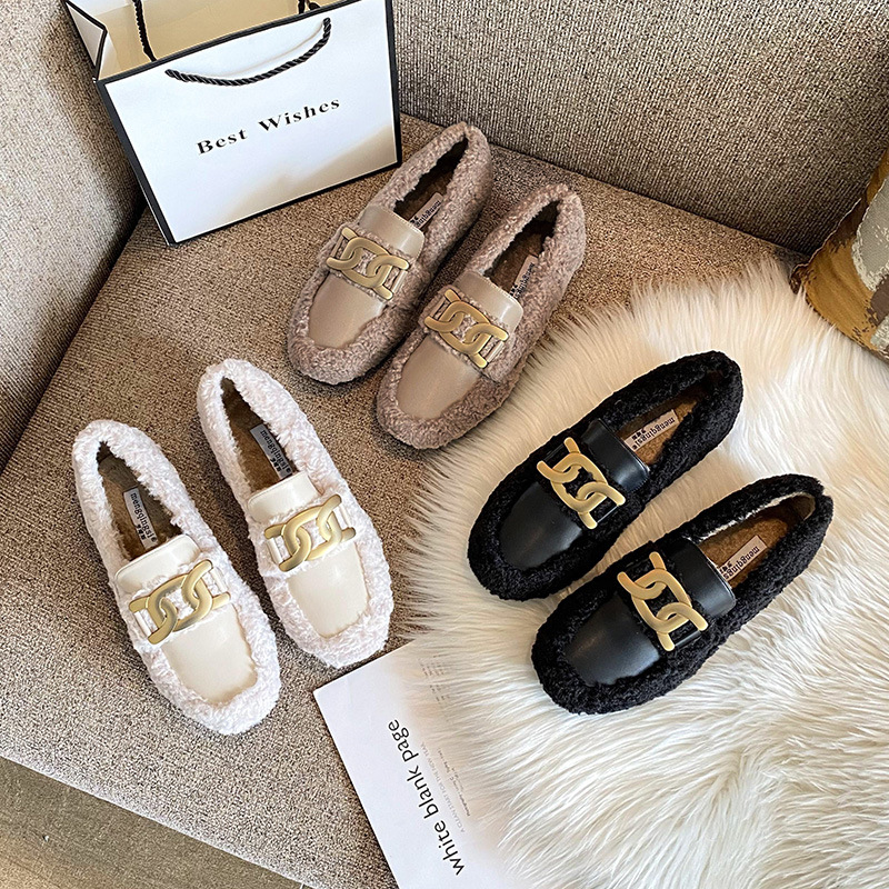 white woman snow fur designer metal chains lambwool moccasins flats platform cotton shoes for women plush loafers size 43