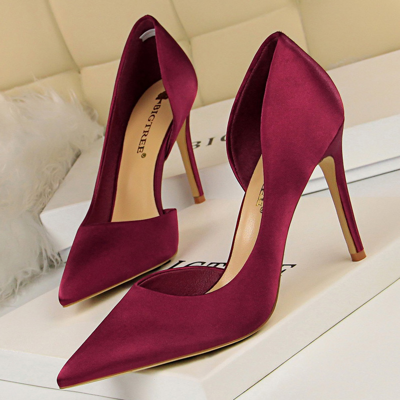 New BIGTREE Wine Red Green Blue Black Women Pumps Silk High Fashion Office Female Stiletto Heels Party Shoes 5d32