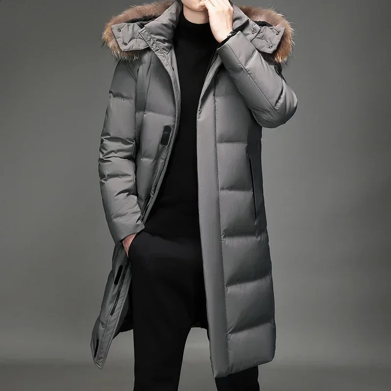 Long Down Jacket Mens Winter Korean Style Detachable Fur Collar Cap White Duck Down Warm Coat Lightweight Parka 240830