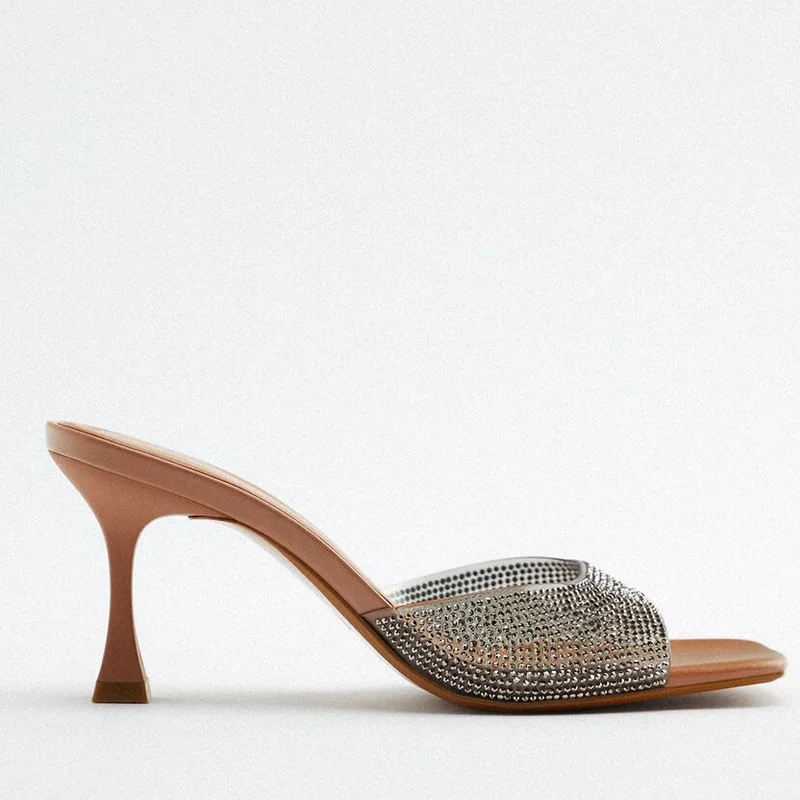 Peep Toe Women's Sandals Summer 2024 High Heels Bright Rhinestones Sexy Transparent PVC Slip-on Trendy Designer Ladies Shoes