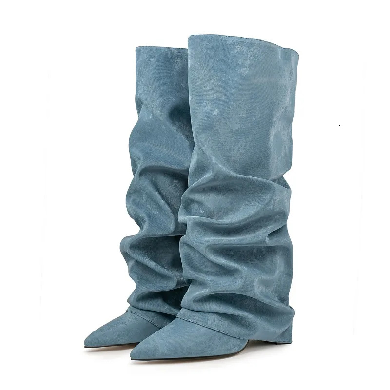 European And American Fashion Wedge Retro Sheepskin Pattern Sleeve Knee High Pleated For Women's Sexy Leopard Print Boots