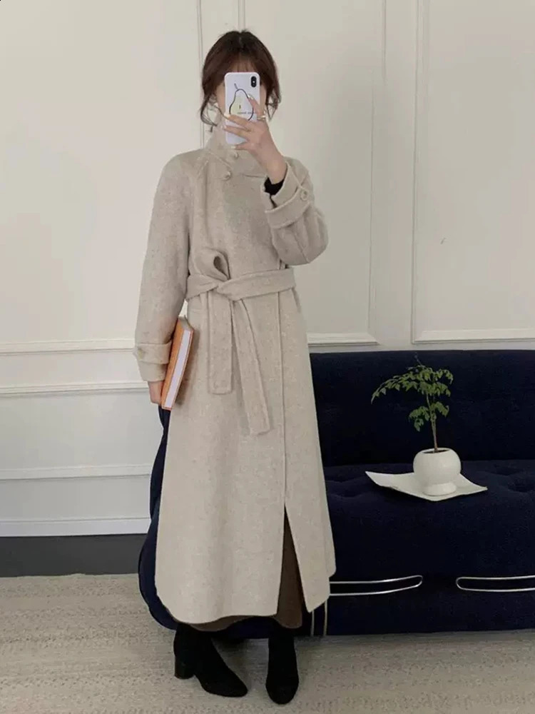 LANMREM Fashion Double Sided Woolen Coat Women Stand Collar Coats With Belt Office Lady Warm Clothes Winter 2Z2638 240830 - view 5