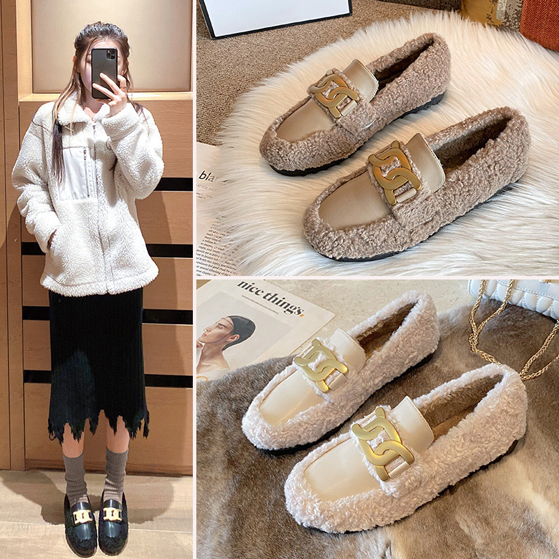 white woman snow fur designer metal chains lambwool moccasins flats platform cotton shoes for women plush loafers size 43