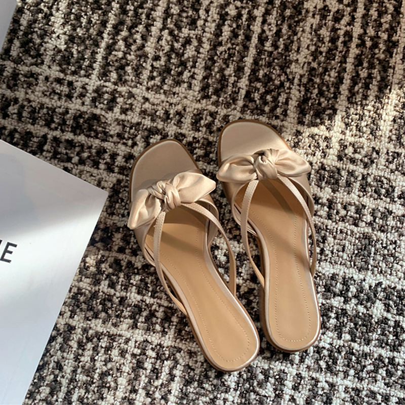 silk designer bowtie slippers women outdoor New slides shoes flat heel pink bow flip ps narrow band sandalias mujer 2023