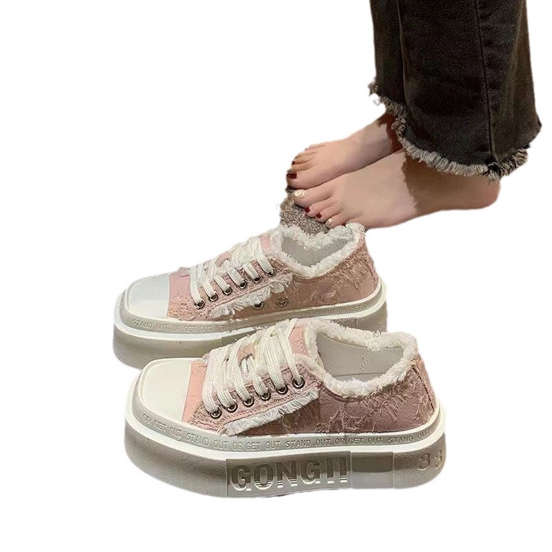 Women's casual versatile thick soled square toe canvas shoes