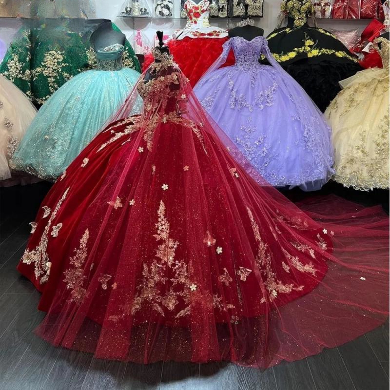 Bury Quinceanera Dresses with Cape Beads Gold Butterfly 3D ral Applique Sweet 16 Birthday Party Ball Gowns Lace up Vestidos De XV Anos
