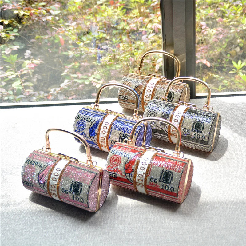 Full of diamonds small cylinder shoulder women bag set with diamonds Fashion dollar bag rhinestone dinner bag saco 240830