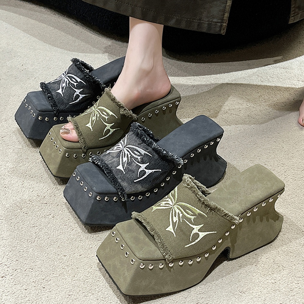 Platform Sandals for Women Denim Butterfly Design with Metal Rivets Slip On Punk Style Summer Fashion Footwear