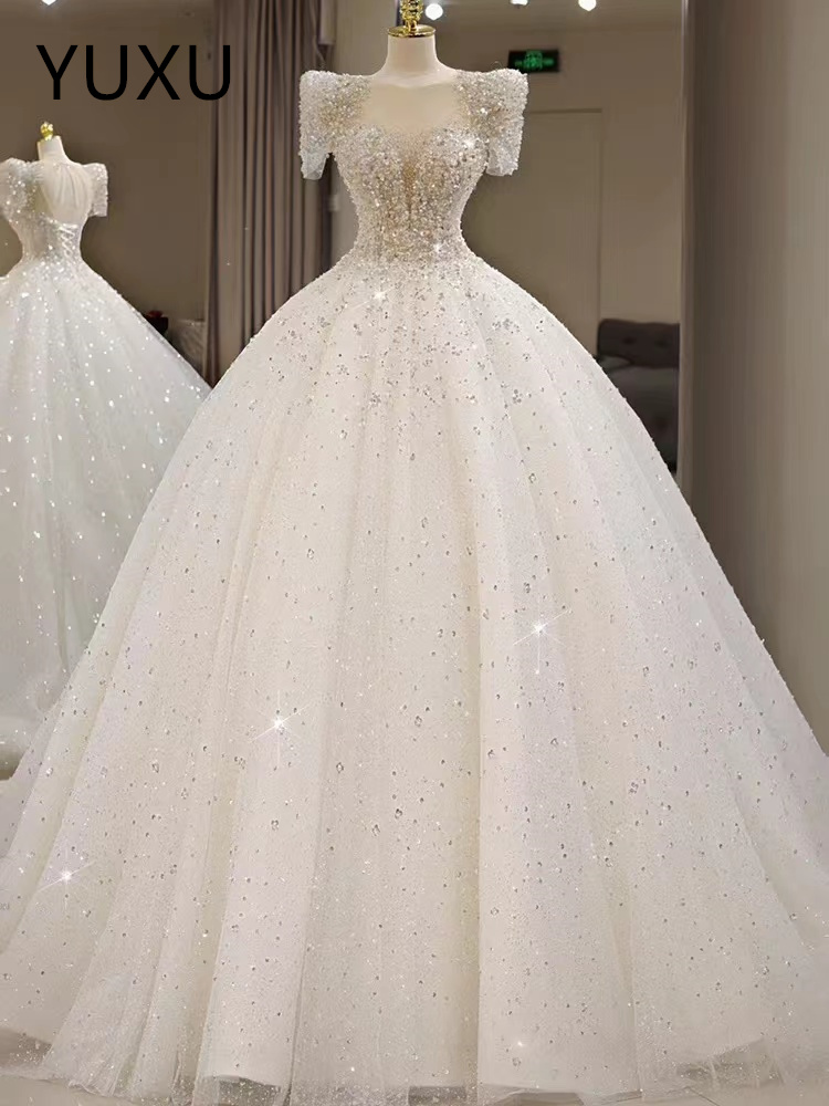 Elegant luxury Wedding Dresses Short Sleeves Lace Up A Line Court Train Custom Made boho Wed Dress Sweetheart Princess Illusion Applique Bridal Gowns 