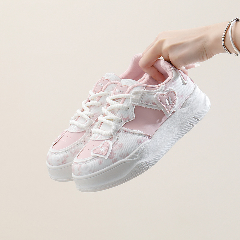 Women's height increasing thick soled pink green color sports and leisure board shoes