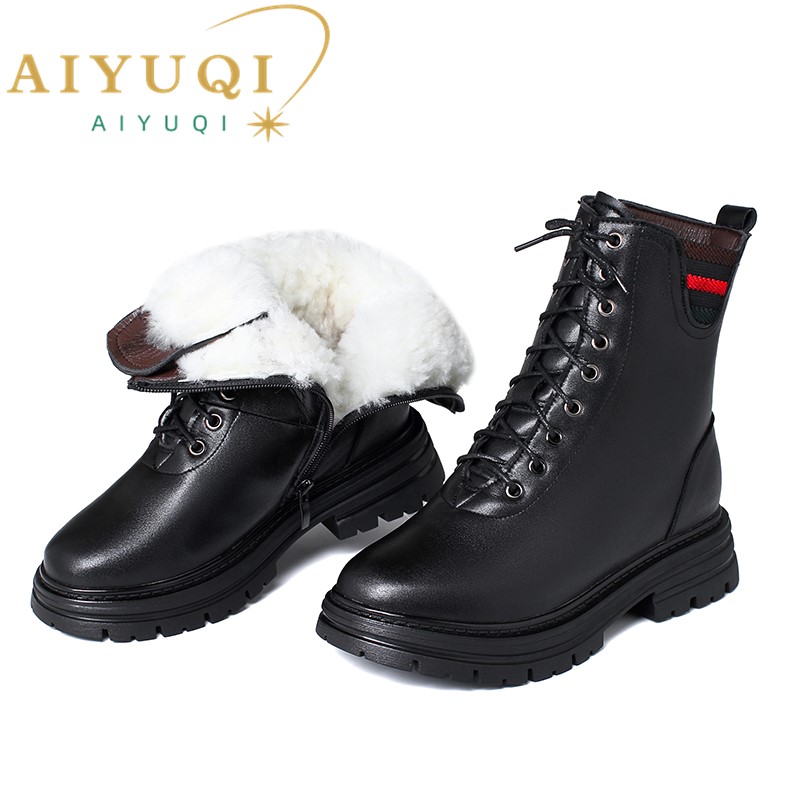 AIYUQI Wome Winter Boots Wool 2024 New Genuine Leather Lace-up Ladies Boots British Style Flat Warm Women Snow Boots