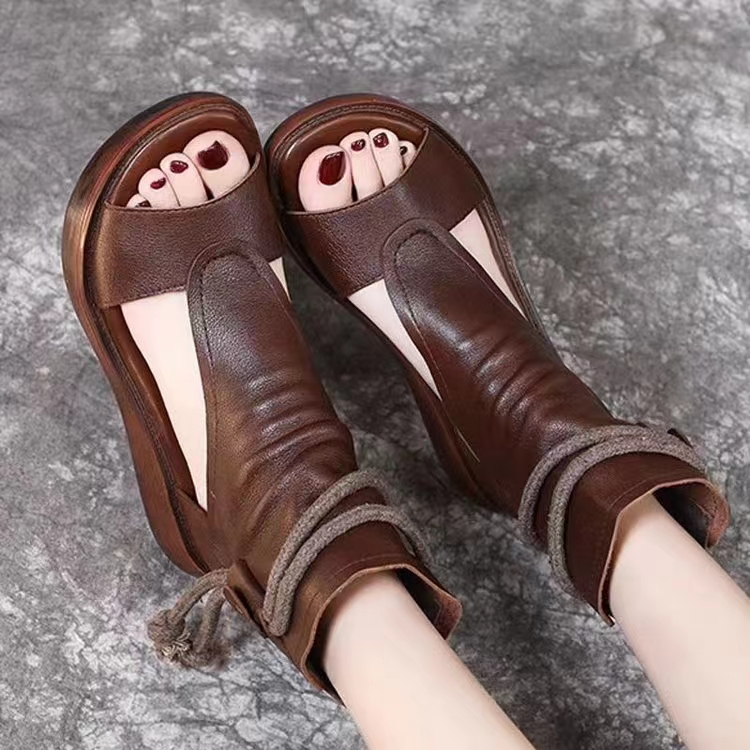 New Retro Soft PU Leather Ladies Cool Boots 2024 Fashion Women Sandals Summer Fish Mouth Sandals Wedges Mid Heels Shoe Sandalias