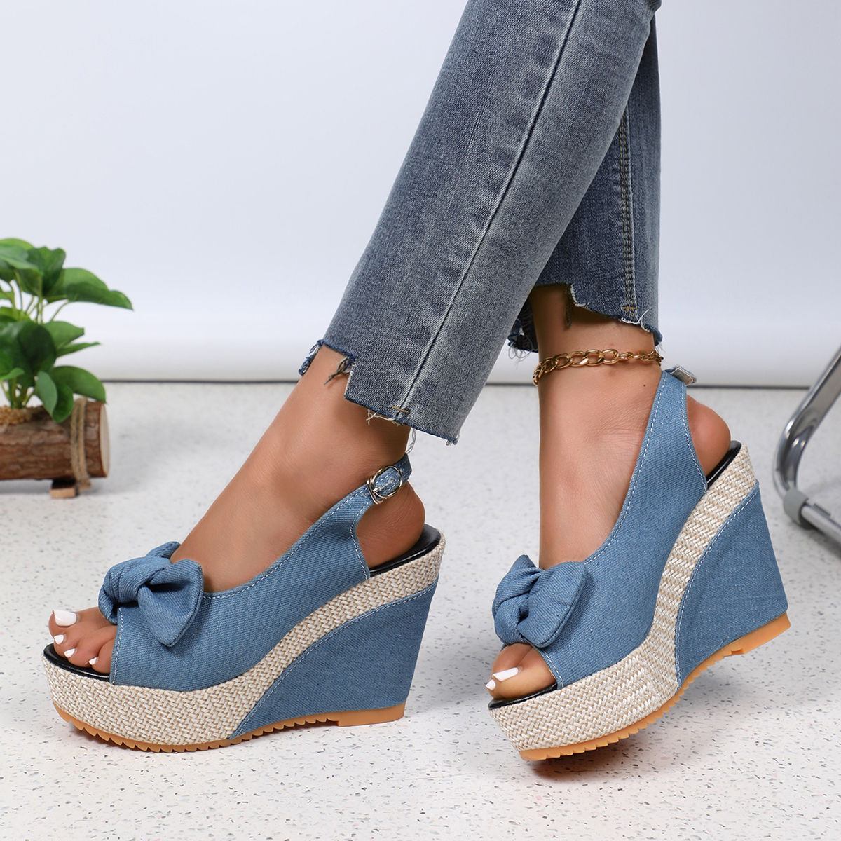 Women's Ankle Strap Peep Toe Platform Denim Wedge Sandals Zapatos De Mujer Wedges Sandal Thick Sole Sandalias High Heel Sandals