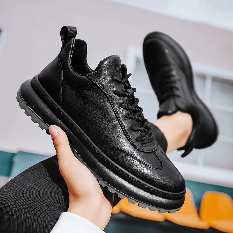 Leather Casual Design Shoes Men Flats Platform Shoe Soft Sole Sports Sneakers Man Comfortable Lace Up Black Footwear 20024