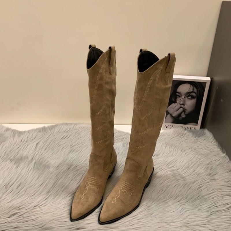 Women Cowboy Boots Fashion Square Low Heel Ladies Elegant Slip On Long Booties Winter Pointed Toe Women's Footwear