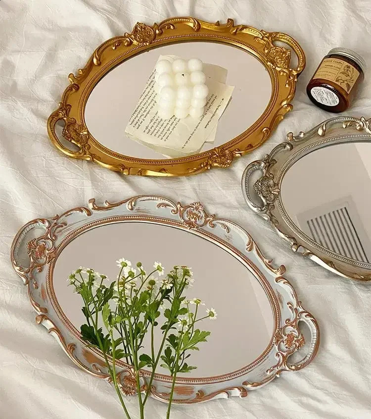 European Decorative Plate Storage Tray Oval Plate Jewelry Display Rotary Candy Decor Tray Mirror Decorative Make Up Mirror 240830