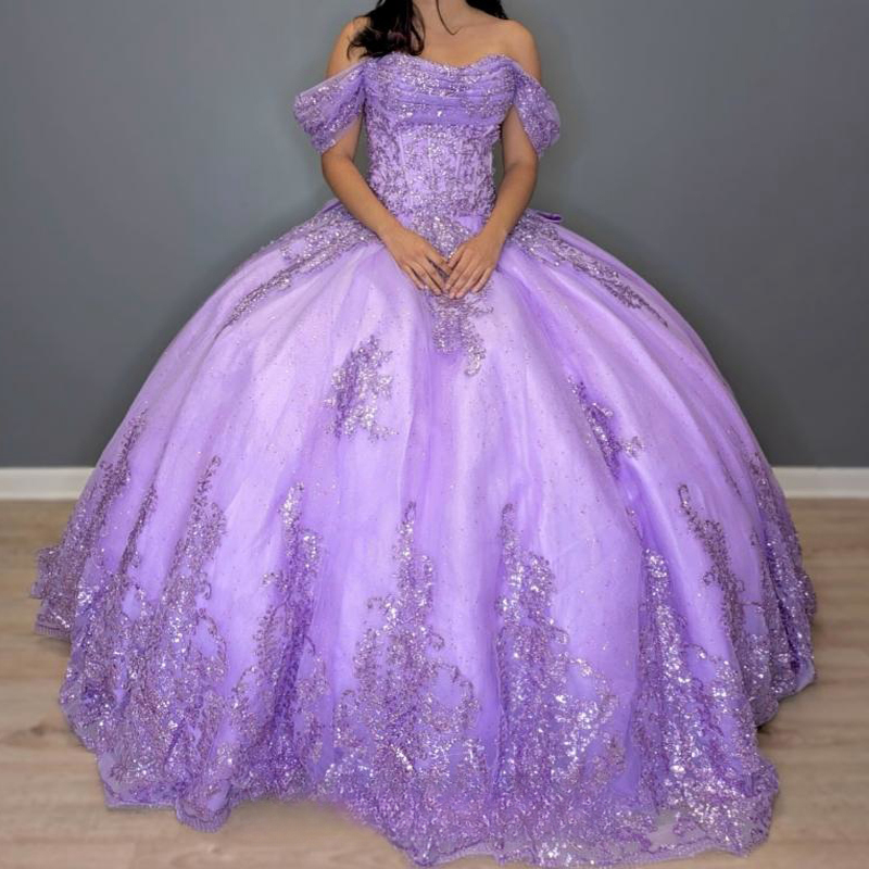Lavender Shiny Quinceanera Dress Ball Gown Off The Shoulder Applique Lace Beading Crystals Bow Tull Corset Sweet 16 Vestido De 15 Anos