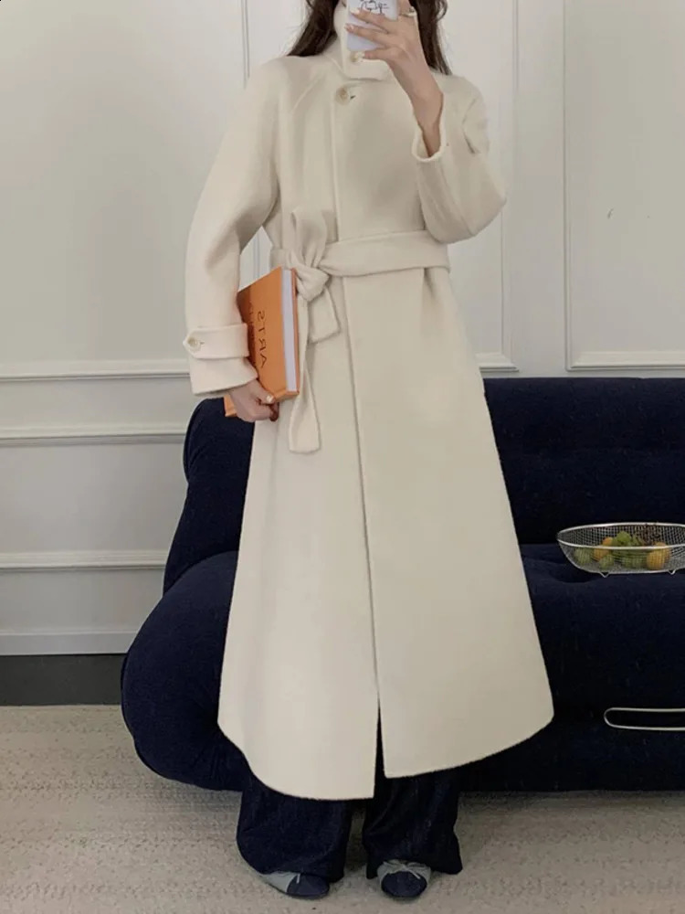 LANMREM Fashion Double Sided Woolen Coat Women Stand Collar Coats With Belt Office Lady Warm Clothes Winter 2Z2638 240830 - view 3