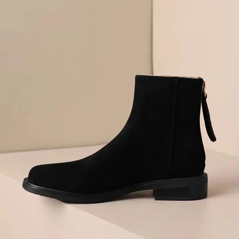 Ladies Shoes Zipper Womens Boots Winter Square Toe Suede Warm Solid Short Barrel Chunky Heels Fashion Boots 240830