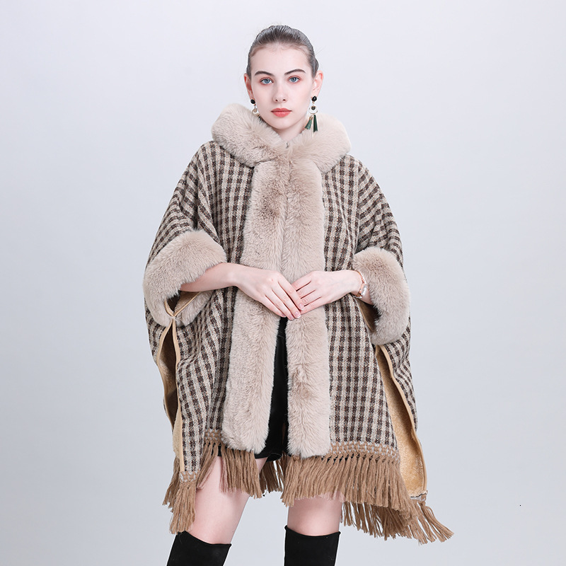 Autumn and Winter New Cape Shawl Loose and Plush Thick Fur Collar Hooded Tassel Cardigan Shawl Cloak Outerwear 1186