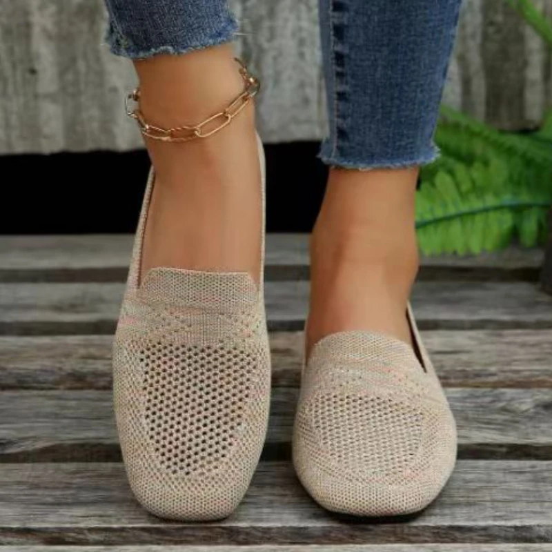 Solid Color Square Toe Mesh Loafers Shallow Women Soft Bottom Knit Ballet Flats Casual Slip on Boat Shoes 5a5f