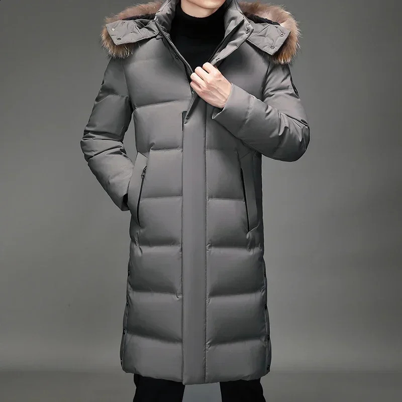 Long Down Jacket Mens Winter Korean Style Detachable Fur Collar Cap White Duck Down Warm Coat Lightweight Parka 240830