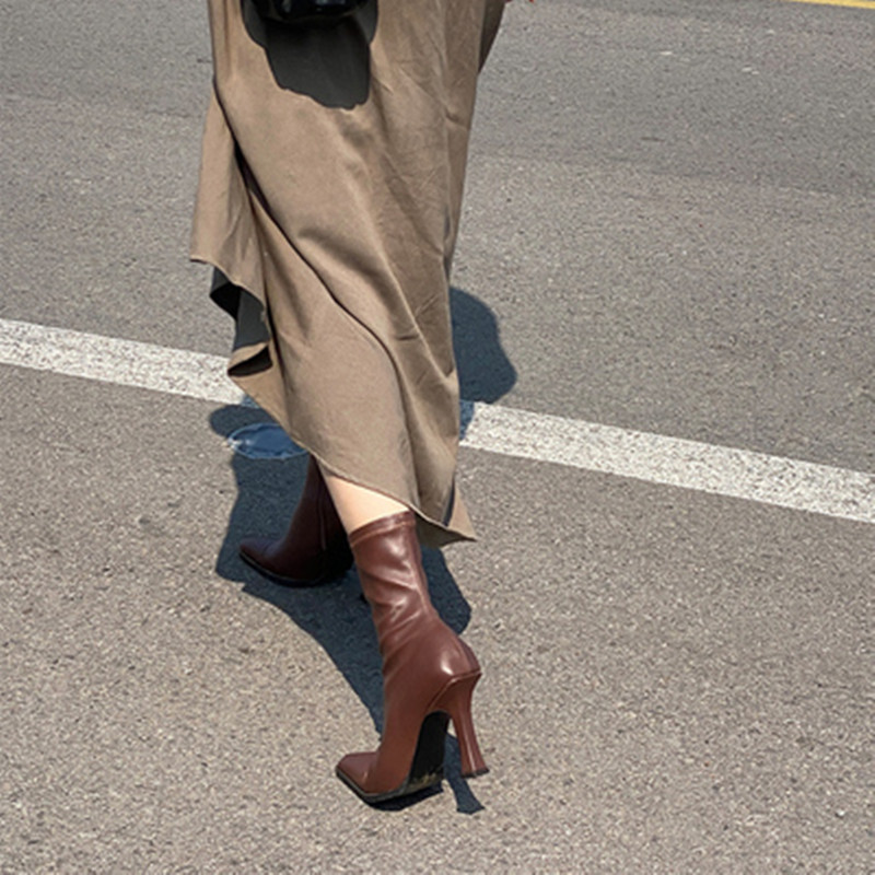 Women's small square toe slim heel brown high-heeled short boots