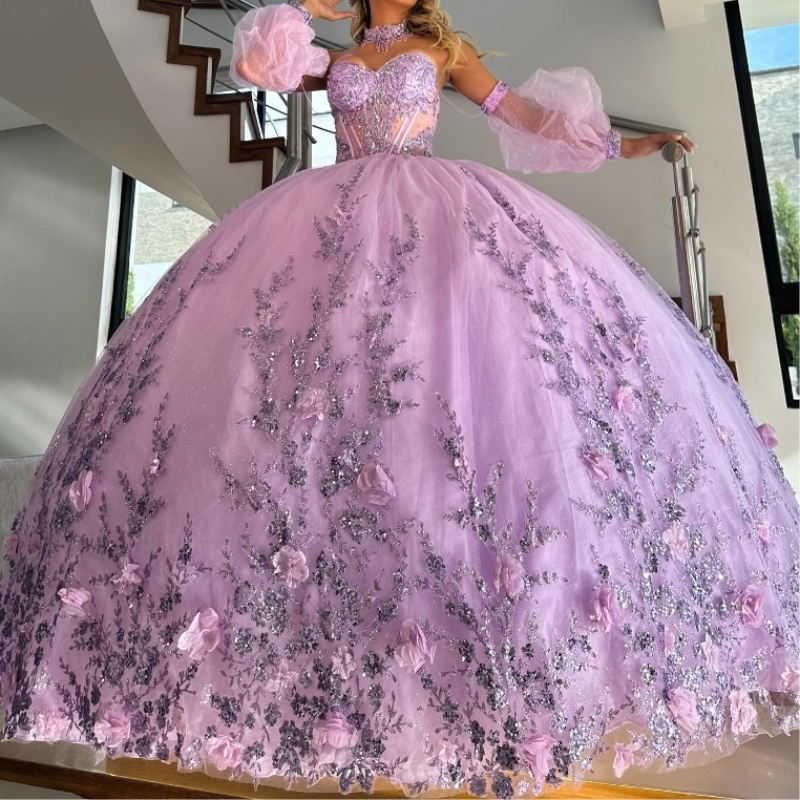Lavender Quinceanera Dresses Beaded 3D Flowers Off Shoulder Sequin Applique Ball Gown Vestidos De 15 Anos Sweet 16 Birthday Party Fiesta