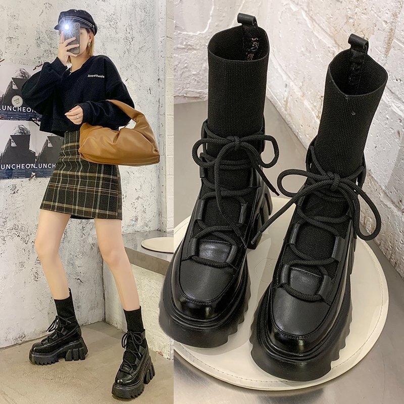 Women's Korean round toe lace up knitted casual fashion short boots