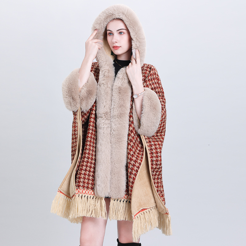 Autumn and Winter New Cape Shawl Loose and Plush Thick Fur Collar Hooded Tassel Cardigan Shawl Cloak Outerwear 1186