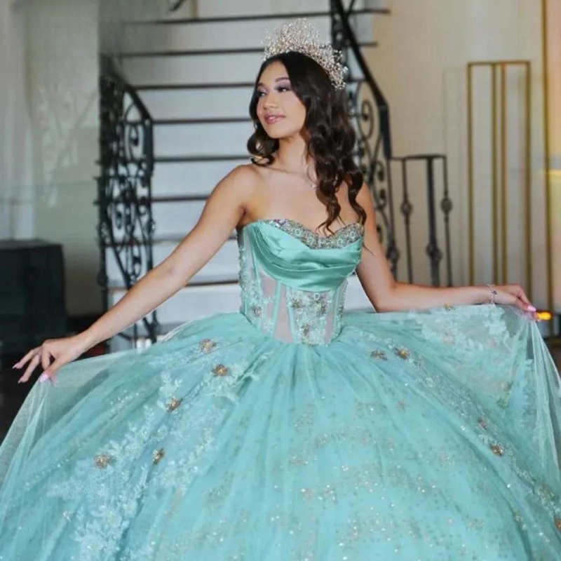 Mint Green Quinceanera Dresses Ball Gown 2024 Sweet 16 Dress Off the Shoulder Sequin Appliques Lace Beads Tull Vestido De 15 Anos