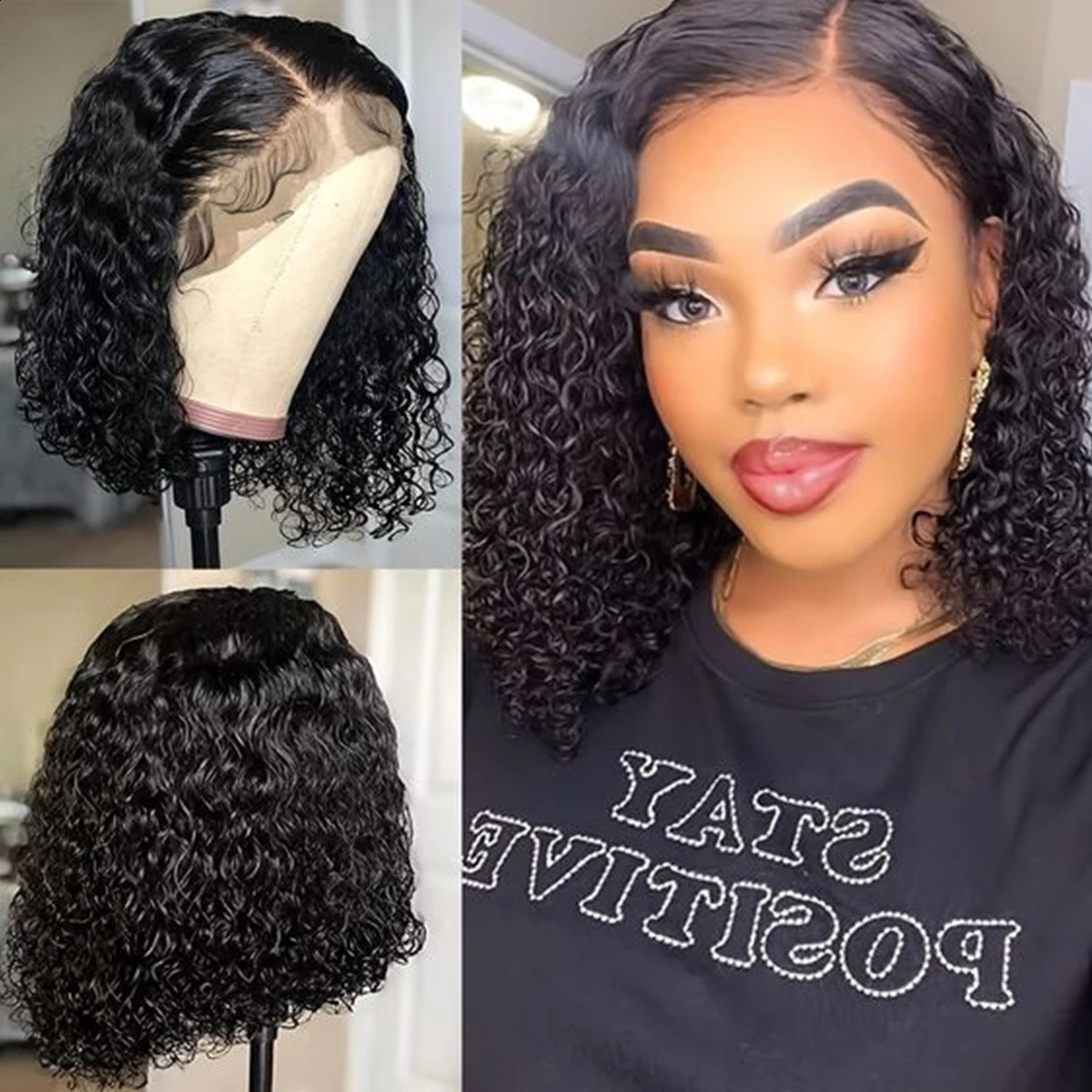 Deep Wave 180% Density Pre-Plucked Side Part Short Bob 13*4 Lace Frontal Brazilian Virgin Human Hair Wigs For Black Woman 240826CJ