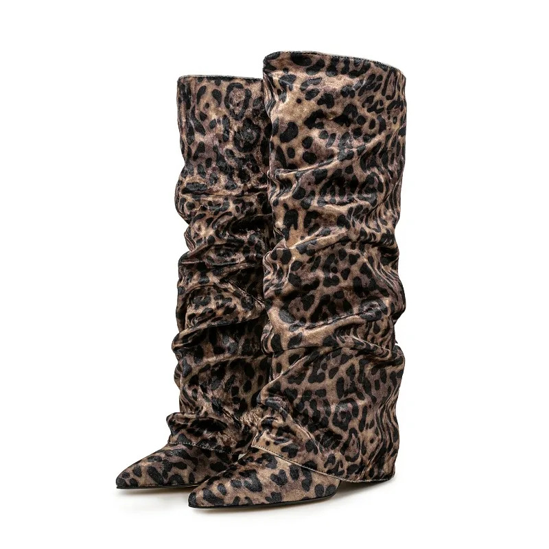 European And American Fashion Wedge Retro Sheepskin Pattern Sleeve Knee High Pleated For Women's Sexy Leopard Print Boots