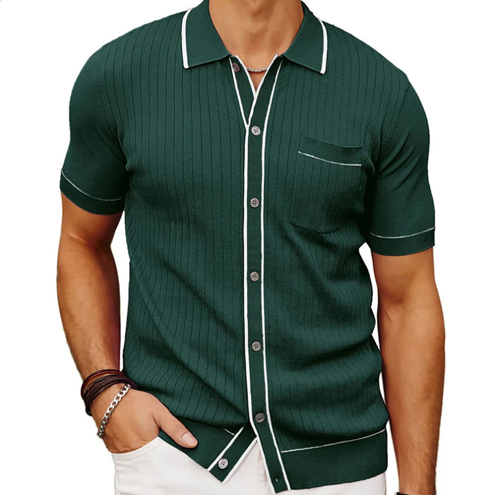 Men's Polos Mens Clothing Knitted Polo Shirt Casual Striped Button Down Solid Color Short Sleeve T-Shirt for Men Breathable M-3XL 240820