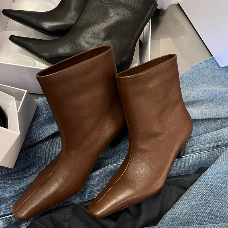 Thin Low Heel Ankle For Women Autumn 2025 Black Elegant Women's Boots Soft Leather Design Square Toe Botas Mujer