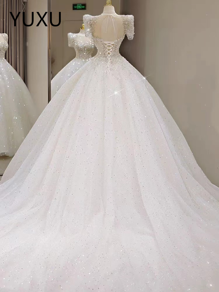 Elegant luxury Wedding Dresses Short Sleeves Lace Up A Line Court Train Custom Made boho Wed Dress Sweetheart Princess Illusion Applique Bridal Gowns 
